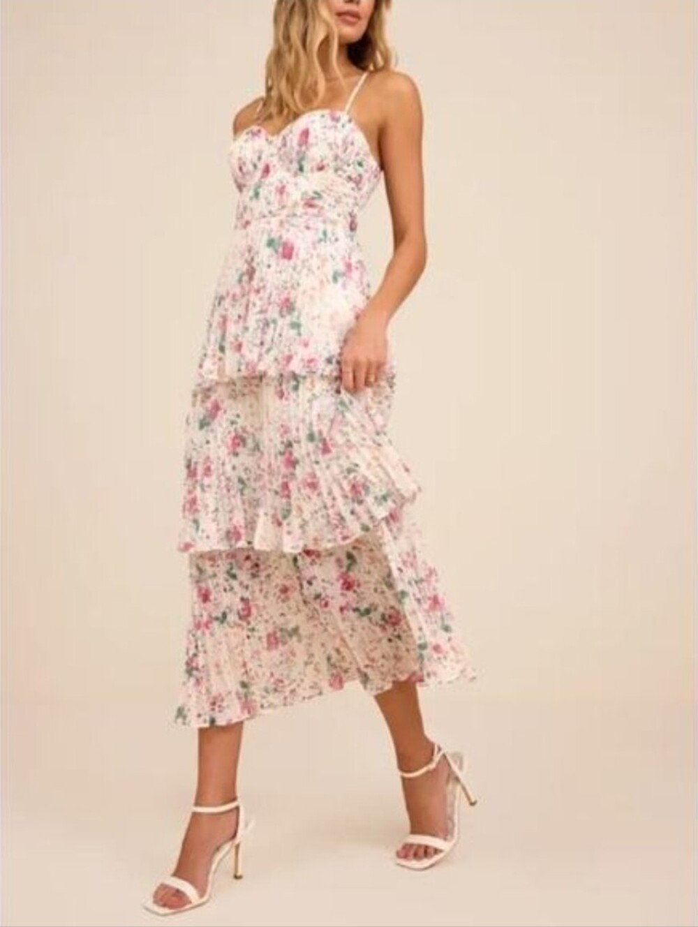 Lulu’s Tiered Floral Bustier Midi Dress Cascading Crush Size S Cream Pink Green